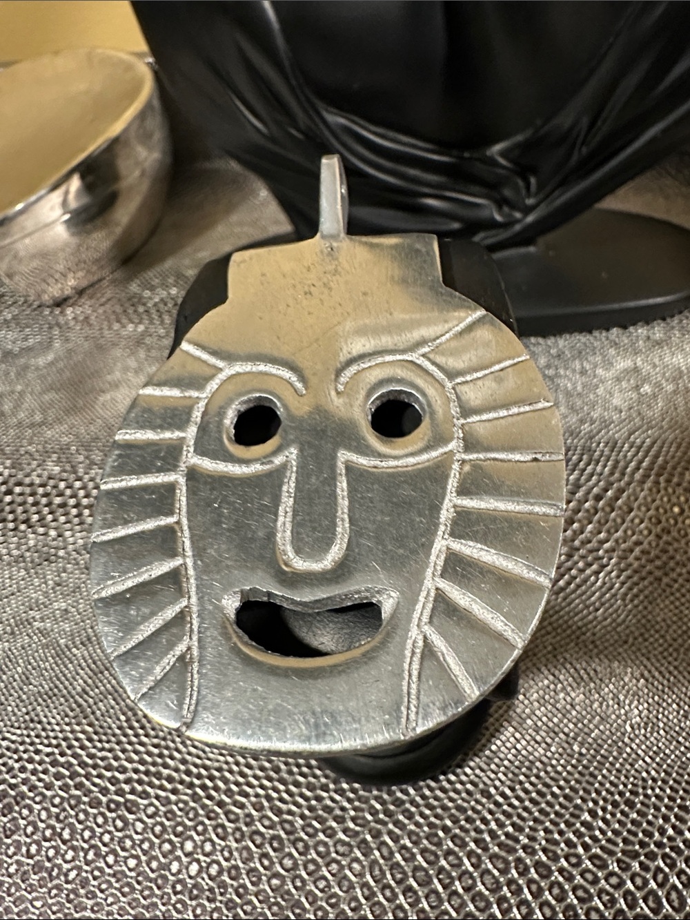 Carved Metal Tribal Face Pendant - Silver Tone